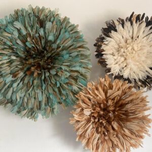 Juju hat trio set of Petrol green, Tan and white Feather wall decor